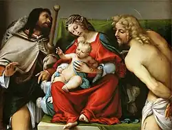 Lorenzo Lotto: Madonna met pestheiligen Rochus en Sebastiaan, ca. 1522 te Florence