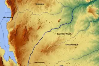Kaart met de loop van de Lugenda