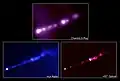 M87's jet gezien door Chandra X-ray Observatory (paars), VLA (blauw), en Ruimtetelescoop Hubble (rood)