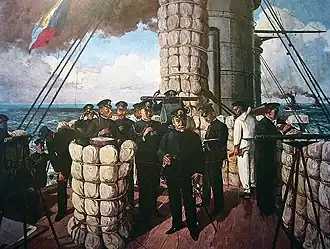 Admiraal Togo op de brug van het Japanse slagschip Mikasa, aan het begin van de Slag bij Tsushima in 1905. De Z-vlag wordt gehesen, die in de Japanse Keizerlijke Marine betekende: "Het lot van het Rijk hangt af van het resultaat van deze slag, laat iedere man zijn uiterste plicht doen!"