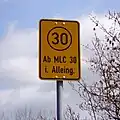 Modern bord, rechthoekig met tekst "Ab MLC 30 im Alleingang" (voertuigen zwaarder dan MLC 30 alleen één voor één (d.w.z. zonder tegenliggers en niet in konvooi). (2010)