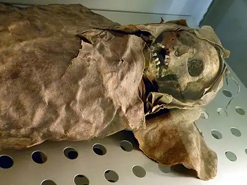 Guanche mummie van een vrouw (830 n. Chr.), Museo de la Naturaleza y el Hombre, Santa Cruz de Tenerife.