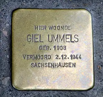 Een Stolpersteine gelegd ter nagedachtenis van Giel Ummels bij de zijn voormalige huis aan de Wolfstraat 6 in Maastricht