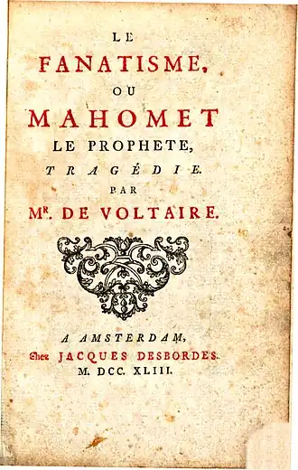 Titelpagina Le Fanatisme ou Mahomet le Prophète, Amsterdam: Estienne Ledet & Compagnie, 1753