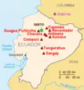 Kaart van de belangrijkste vulkanen in Ecuador