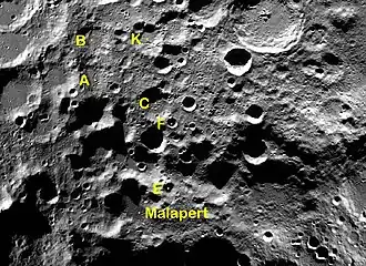 Malapert inslagkrater met satellietkraters (foto LRO)