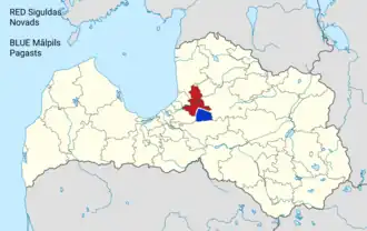 Mālpils Pagasts in blauw, Sīguldas Novads in rood