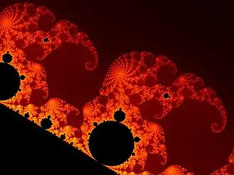 Ingezoomd op een deel van de mandelbrotverzameling
