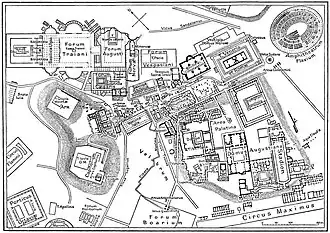 Locatie van het Ruiterstandbeeld van Domitianus (in rood)