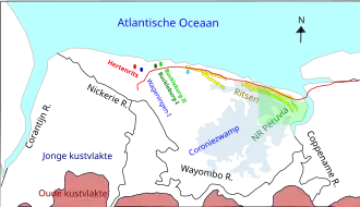 Kaart die de rivier toont en de ligging van de Hertenrits-terp, Peruvia en de Coroniezwamp
