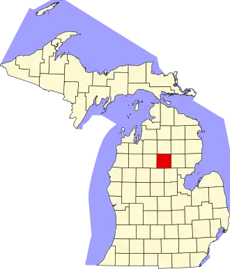 Locatie van Roscommon County in Michigan