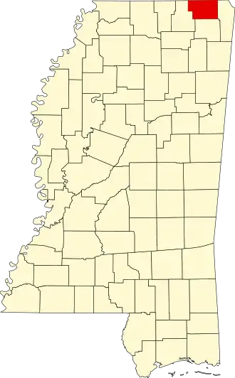 Locatie van Alcorn County in Mississippi