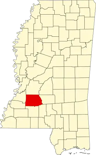 Locatie van Copiah County in Mississippi