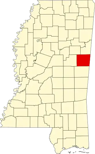 Locatie van Noxubee County in Mississippi