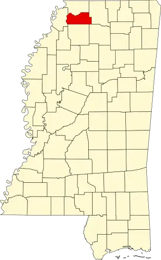 Locatie van Tate County in Mississippi