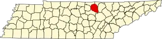 Locatie van Overton County in Tennessee