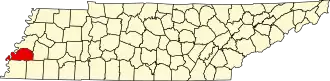 Locatie van Tipton County in Tennessee
