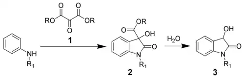 Algemeen reactieverloop van de Martinet-dioxindoolsynthese