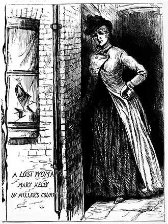 Mary Jane Kelly in The Penny Illustrated Paper (24 november 1888). Ze gaat haar eigen woning in met het kapotte ruitje dat The Ripper toegang verschafte duidelijk zichtbaar