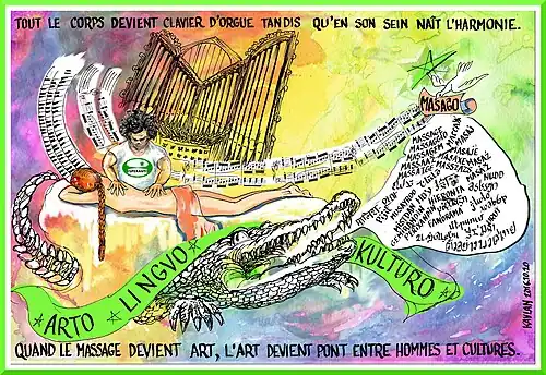 In het Esperanto heeft ne krokodili een culturele betekenis, namelijk "niet de eigen taal spreken in internationaal Esperanto gezelschap". Bovenstaande tekening zinspeelt op het verdwijnen van de talendiversiteit... de krokodil verorbert woorden in allerlei talen, maar het woord in het Esperanto (masaĝo), laat zich niet verorberen en voert symbolisch strijd aan voor het behoud van kleinere talen en dus taalbiodiversiteit.