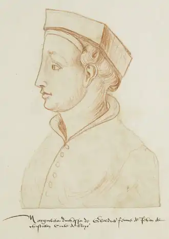 Portret van Mechteld van Gelre in het vijftiende-eeuwse Receuil d'Arras (ca. 1570)