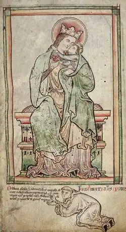 Matthew Paris, Zelfportret in aanbidding voor Maria met Kind, circa 1250-1259, MS Royal 14 C VII, folio 6r, British Library, Londen