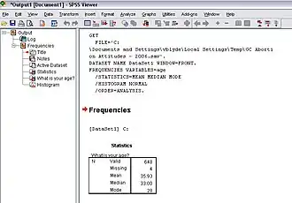 Schermweergave van SPSS Statistics, met een analyse van gemiddelde, mediaan en modus