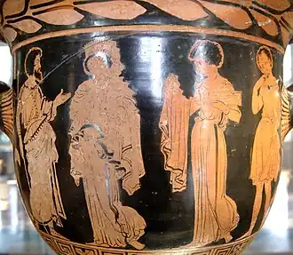 Medea geeft geschenken aan Creüsa (?), Oud-Grieks aardewerk, Louvre.