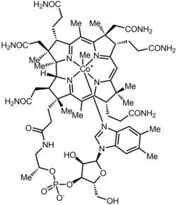 ▵ Structuurformule van methylcobalamine, met 'Me' voor methyl (CH3)