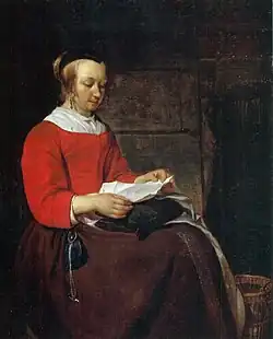 Metsu's Jonge briefleester, circa 1658, portret van zijn vrouw Isabella. Er is duidelijk gelijkenis. Ook de oorbellen lijken dezelfde.