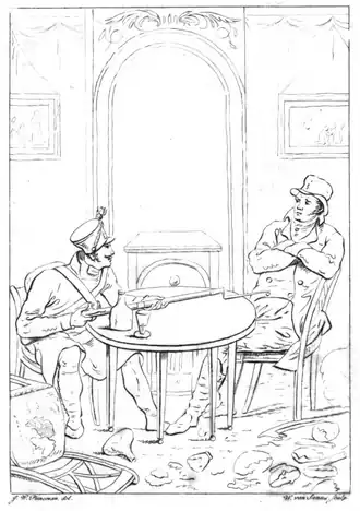 Jan Meulman (rechts) onder schot gehouden door een Franse soldaat tijdens de "ramp van Woerden" uit "Woerden in slagtmaand 1813" (tekening van Jan Willem Pieneman)