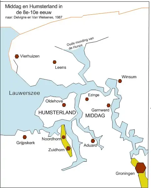 Kaart van Middag en Humsterland ten tijde van de inbraken van de Lauwerszee (800-1000). In kleur de pleistocene opduikingen van het Drents plateau