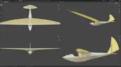 Schema van een zweefvliegtuig: de breedte is groter dan de lengte