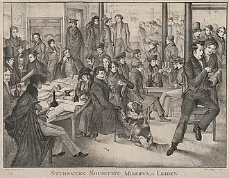 Studenten Sociëteit Minerva rond 1830. Geheel rechts, achter de man op de stoel (Willem Veder), staat van de Linde met snuifdoos in de hand