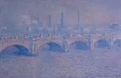 Een bijna monochroom violet werk uit de serie Waterloo Bridge van Claude Monet, 1903. Het water en de brug, en ook de fabrieksschoorstenen op de achtergrond, zijn weergegeven in uiteenlopende violettinten, die wat opgehaald worden met toetsen geel. Schaduwen, zoals onder de brugbogen zijn donkerblauw, zonder geeltoetsen.