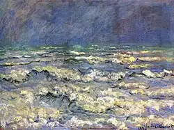 Zeezicht van Claude Monet, 1881. Enkel zee en lucht, met een vage contour van een landmassa. De lucht is zwaar violet en bruin, het water een onrustige massa van wit, violet, groen, geel en zwart.