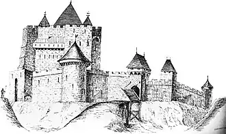 Aanzicht van het feodale mottekasteel rond 1600.