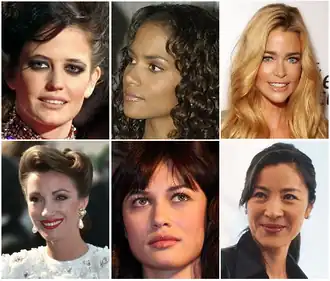 Een selectie van bondgirlsBovenste rij v.l.n.r. Eva Green (Vesper Lynd in Casino Royale)Halle Berry (Jinx in Die Another Day)Denise Richards (Christmas Jones in The World Is Not Enough)Onderste rij v.l.n.r. Jane Seymour (Solitaire in Live and Let Die)Olga Kurylenko (Camille Montes in Quantum of Solace)Michelle Yeoh (Wai Lin in Tomorrow Never Dies)