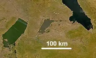 NASA-foto van de locatie van het meer tussen het Mwerumeer en het Tanganyikameer