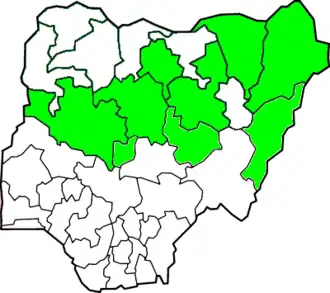 Nigeriaanse deelstaten waar Boko Haram tussen 2010 en 2013 aanslagen heeft gepleegd.