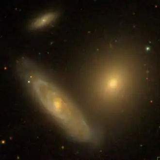 NGC 2873 (linksboven), NGC 2872 (rechts), en NGC 2874