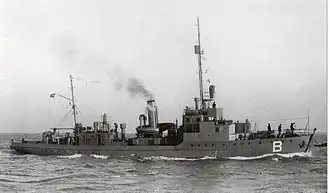 Hr. Ms. B tijdens een proefvaart