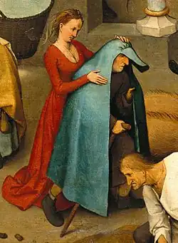 "Zij hangt haar man de blauwe huik om" (zij bedriegt haar man),detail Nederlandse Spreekwoorden door Pieter Bruegel de Oude