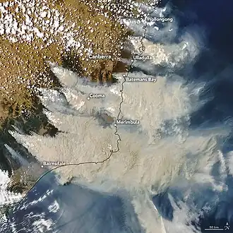 Rook van de bosbranden boven Oost-Australië op een satellietbeeld (4 januari 2020)