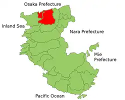 Kaart van prefectuur Wakayama met het district Naga gemarkeerd