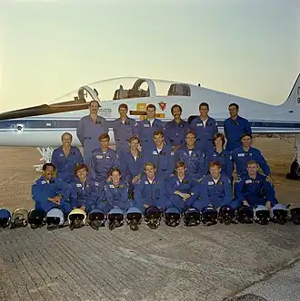 achterste rij, L-R: Guy S. Gardner, Robert C. Springer, Bryan D. O'Connor, Wubbo Ockels, Michael J. Smith, John M. Lounge. Middelste rij, L-R: James P. Bagian, John E. Blaha, Claude Nicollier, David C. Hilmers, William F. Fisher, Bonnie J. Dunbar, Jerry L. Ross. Voorste rij, L-R: Charles F. Bolden Jr., Franklin R. Chang-Diaz, Mary L. Cleave, David C. Leestma, Sherwood C. Spring, Richard N. Richards, Roy D. Bridges.