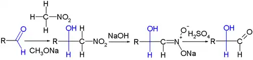 Voorbeeldreactie van nitromethaan met een aldehyde