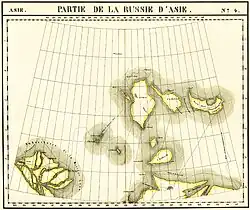 De kaart Partie de la Russie d'Asie van Philippe Vandermaelen van rond 1820 toont Kotelny en Faddejevski als twee eilanden.