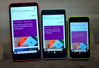 Een Nokia Lumia 1320, een Microsoft Lumia 535 en een Nokia Lumia 530