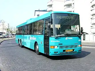 Een Interliner-bus van NoordNed als lijn 350 van Drachten naar Alkmaar te Drachten.